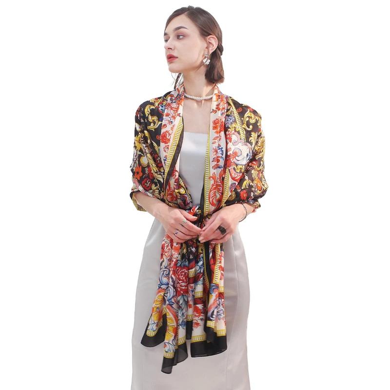 DANA XU 100% Mulberry Satin Silk Summer Travel Scarf Extra Large Women Floral Shawl Oversize Soft Wraps For Evening Dresses, B 12 Gold&black, 90 * 43.3 inches (2.3 * 1.1m) - Image 1