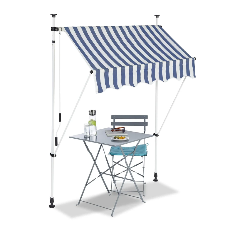 relaxdays Telescopic Canopy Balcony Sunshade Clamp Awning No Drilling Retractable Adjustable, Width 150 cm, Blue-White Stripes