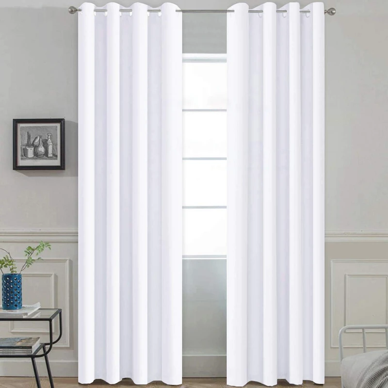 Yakamok Pure White Curtains 84 inch Long, 50% Light Blocking Gormmet Drapes for Living Room, 2 tie Backs Included(52 inch Wide, 2 Panels)