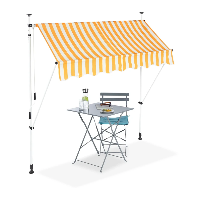 Relaxdays Telescopic Canopy, Balcony Sunshade, Clamp Awning, No Drilling, Retractable & Adjustable, Width 200 cm, Yellow/White Stripes