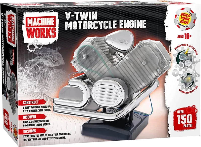 Machine Works Bulld Your Own V-Twin Motorcycle Engine Toy - Replica Model Building Kit - Features Sounds and Illumination, 150+ Pieces, 10+ Years