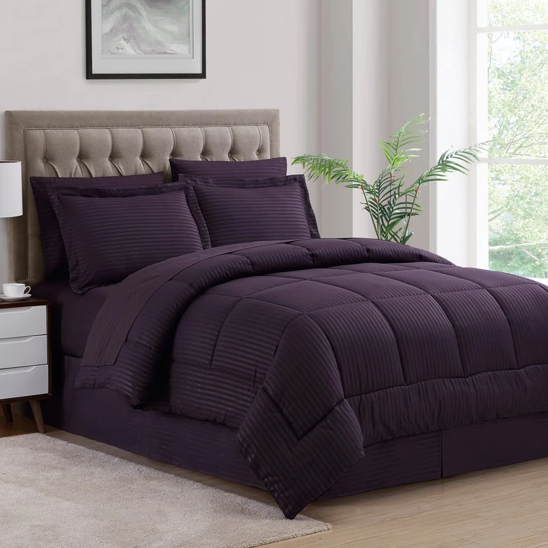 Sweet Home Collection 2 Pillowcases & 2 Shams & Bed Skirt All Season Warmth, Fine Double Brushed Microfiber/100% Fiber Fill, Dobby Purple, Queen