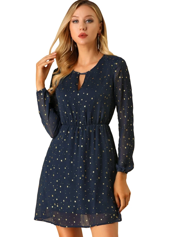 Allegra K Women's Choker V Neck Vintage Flared Gilding Metallic Shiny Star A-Line Dress Dark Blue XL