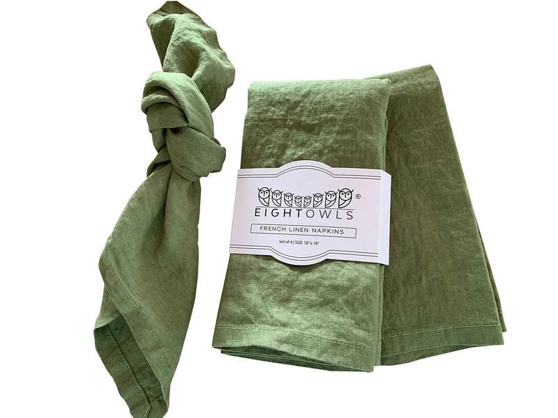 Eight Owls Linen Napkins –100% French Flax – Stonewashed Pure Linen Cloth Napkins - Size 18 Inch x 18 Inch – Set of 4 (Pepper Green)