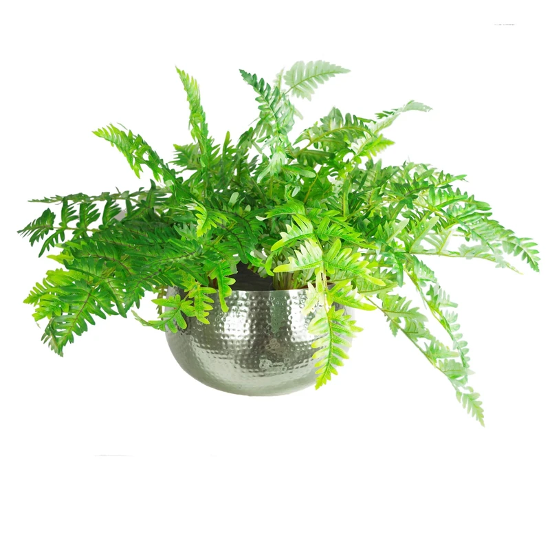 Leaf Large Artificial Ferns Display with XL Metal Silver Bowl Planter 50x65cm, 50cm x 65cm, LEAF-7306-7145x3