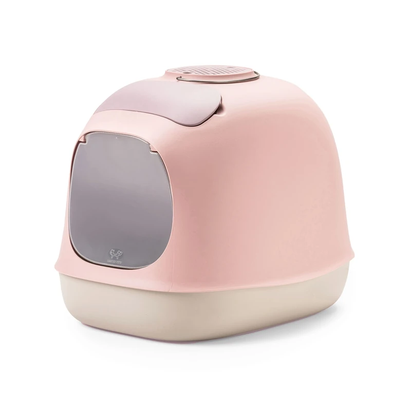 United Pets Minu Hooded Cat Litter Box, Made in Italy, Scoop and Filter included, Pink/Grey, Italian Design
