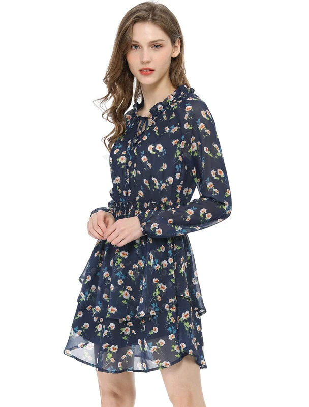 Allegra K Women's Mini Floral Tie Neck Smocked Waist Layered Chiffon Dress Dark Blue 12