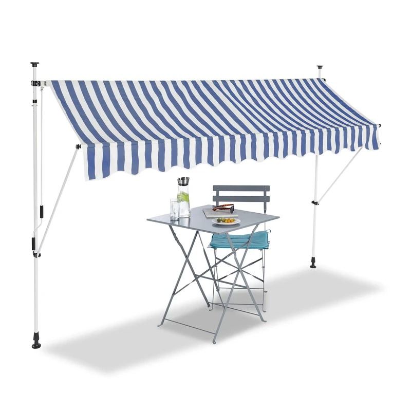 relaxdays Telescopic Canopy Balcony Sunshade Clamp Awning No Drilling Retractable Adjustable, Width 300 cm, Blue-White Stripes