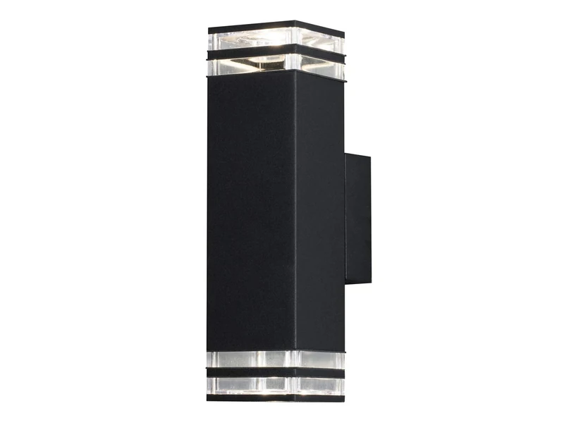 Konstsmide Handmade Outdoor Wall Light Mains Powered/Pollux Double Up Down Modern Lantern/2x7 Watt Max GU10 Lamp/Clear Acrylic Glass Lens/Aluminium/IP44/Black Outside Light