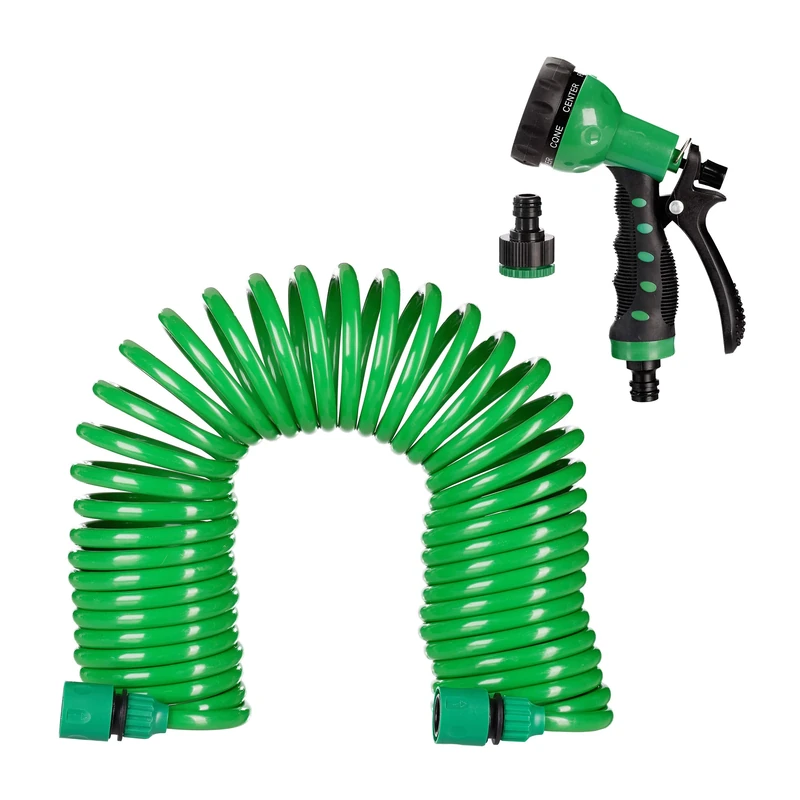 Relaxdays Garden Hose with Spray Gun, Flexibly extends to 10m, Spiral Hose, Watering Hose, 7 Spray Modes, Watering Hose, Green