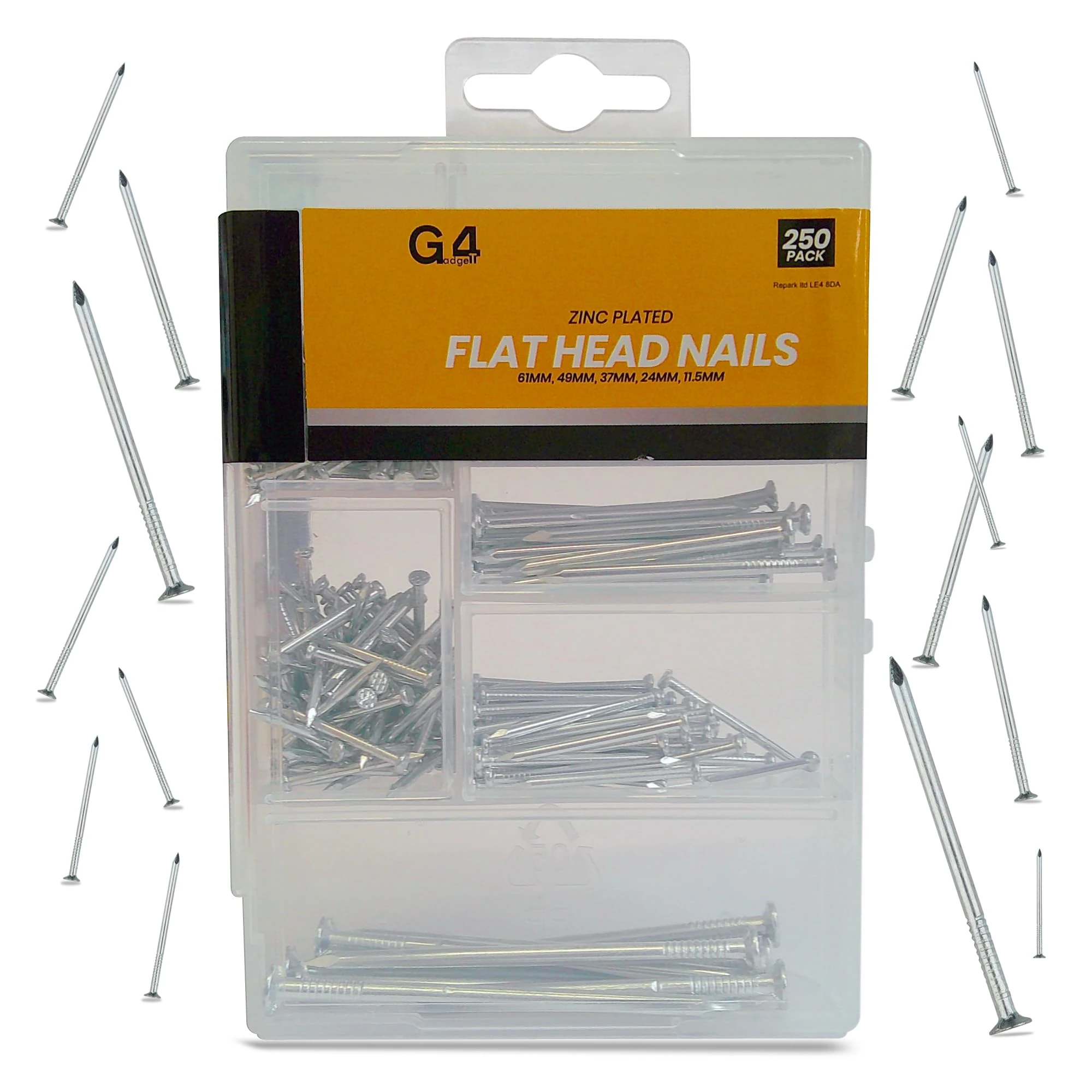G4GADGET 250-Piece Assorted Flat Head Nails – Premium Zinc Coated, 5 Distinct Sizes for Home Repairs, DIY Projects, Woodworking & Crafts – Includes Organized Storage Box