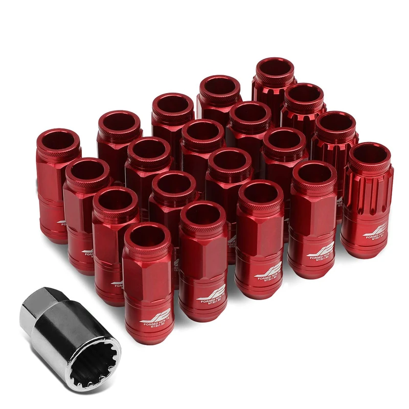 J2 Engineering LN-T7-002-15-RD Red 7075 Aluminum M12X1.5 16Pcs L: 50mm Open End Lug Nut w/4Pcs Lock+Key