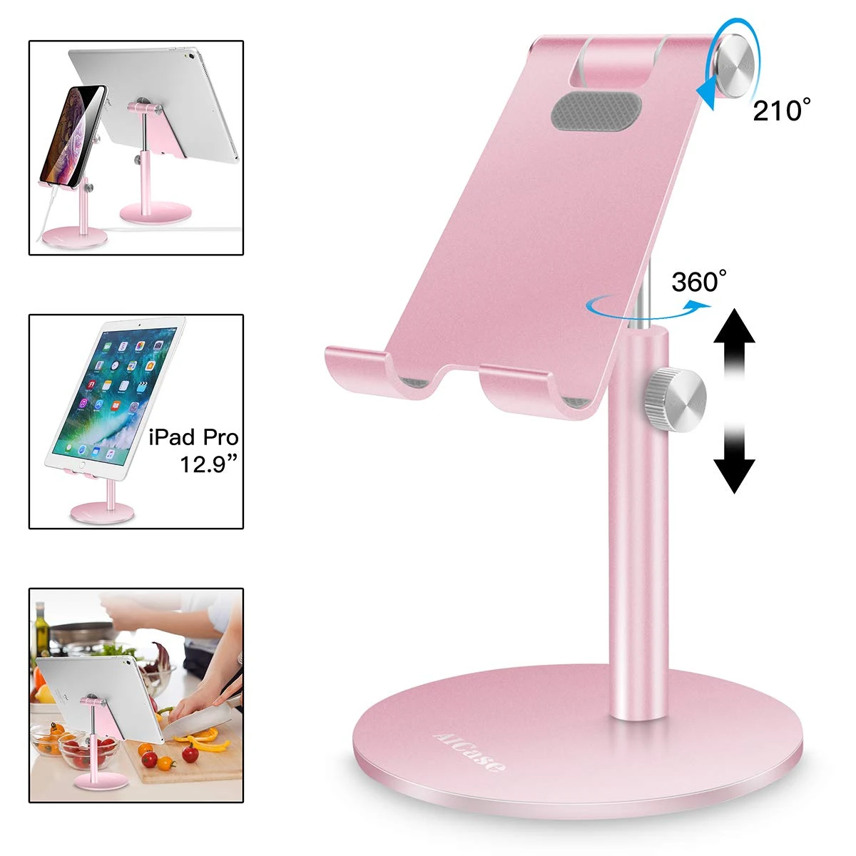 AICase Tablet/Phone Stand, Universal Adjustable Aluminum Desktop Stand, for New iPad 2018 Pro 10.5/9.7/12.9, Air mini 2 3 4, Samsung Tab, Other Smartphones and Tablets (4-12.9 inch) - Rose Gold