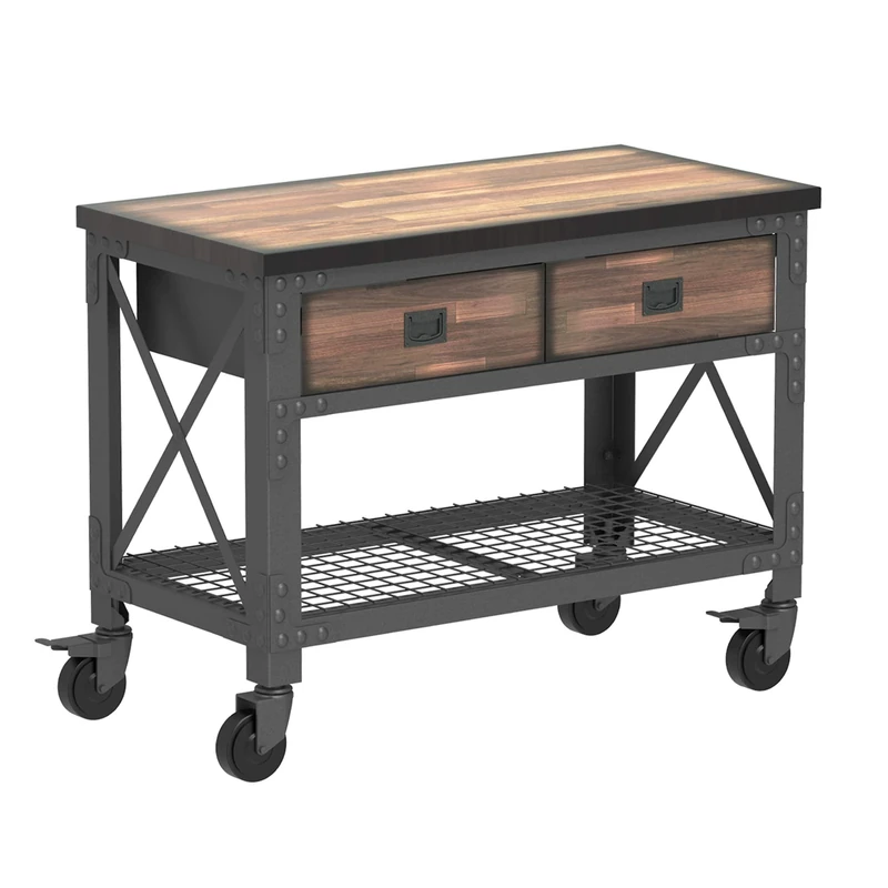 Duramax 2-Drawers Rolling Workbench for Home, Garage & Workshop, With wire shelf, Heavy duty reinforced industrial work table furniture with storage drawer, 450 Kg capacity on top wood, 122x61x94 cm