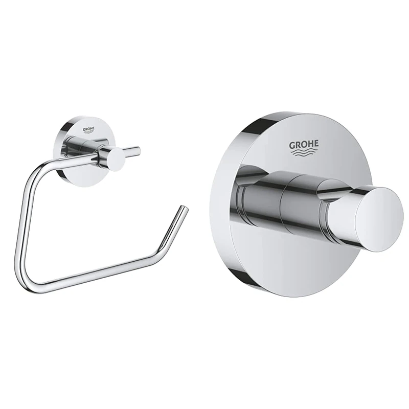 GROHE 40689001 Essentials Paper Roll, Silver & 40364001 Essentials Wall Hook Silver - Image 1