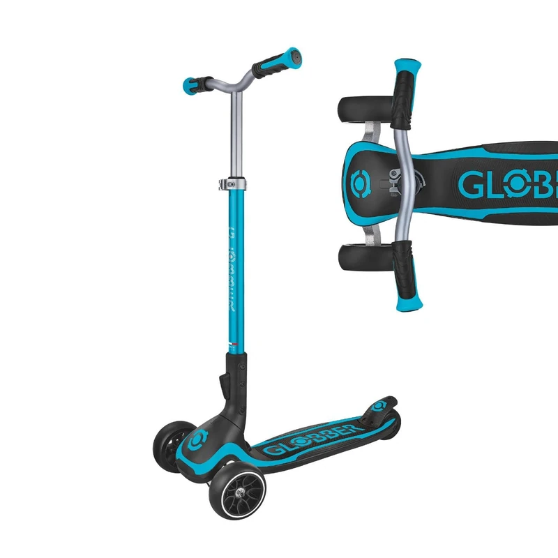 Globber Ultimum 3 Wheel Scooter with Patented Steering System, Adjustable Height, Robust, Extra Wide Deck and Wheels, Folding Scooter For Boys and Girls 5+ to Adult - 2 Year Warranty (Sky Blue)