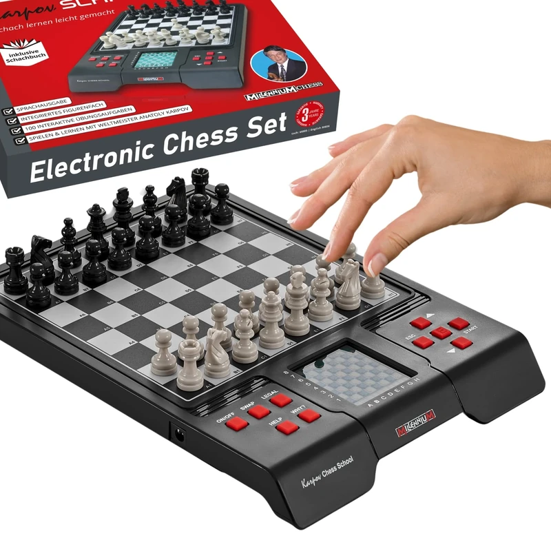 MILLENNIUM Chess School M805 - Your chess trainer for at home and on the go, with 100 interactive exercises, voice output & chess textbook (de/en) - for children, beginners & schools