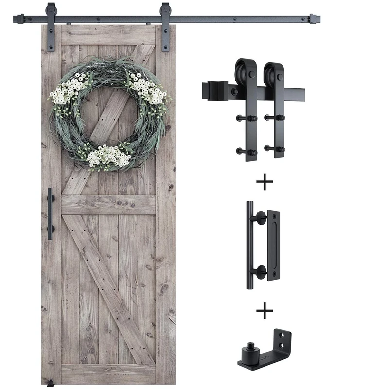 SMARTSTANDARD 6FT Sliding Barn Door Hardware Whole Kit (Include 6ft Single Track Kit & Pull Handle Set & Floor Guide), Super Smoothly and Quietly, Easy to Install, Fit 36" Wide Door Panel (J Shape)