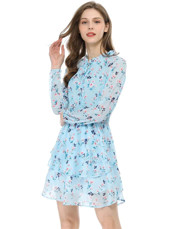 Allegra K Women's Mini Floral Tie Neck Smocked Waist Layered Chiffon Dress Light Blue 12