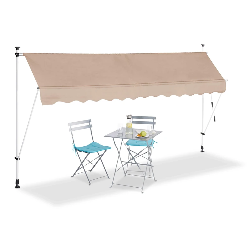 relaxdays Telescopic Canopy, Balcony Sunshade, Clamp Awning, No Drilling, Retractable & Adjustable, Width 350 cm, Beige