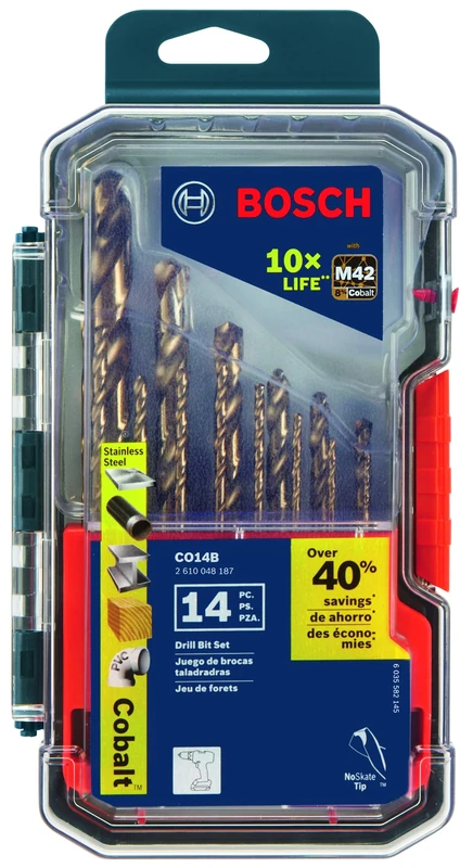 BOSCH CO14B 14-Piece Assorted Set with Included Case Cobalt M42 Metal Drill Bit with Three-Flat Shank for Drilling Applications in Stainless Steel, Cast Iron, Titanium, Light-Gauge Metal, Aluminum