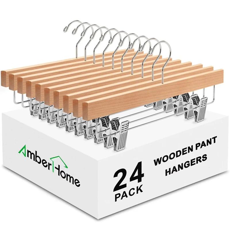 Amber Home 24 Pack Natural Wooden Pants Hangers with Clips, Wood Skirt Hangers Trouser Hangers for Jeans, Slacks, Shorts with 2-Adjustable Clips (Natural, 24 Pack)