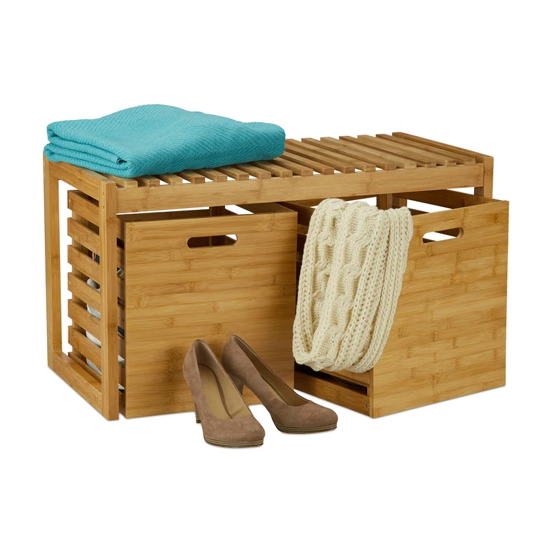 Relaxdays Bamboo Storage Bench, 2 Storage Boxes, Bathroom and Dressing Room Stand, Shoe Rack, HWD 44.5x80x40 cm, Natural