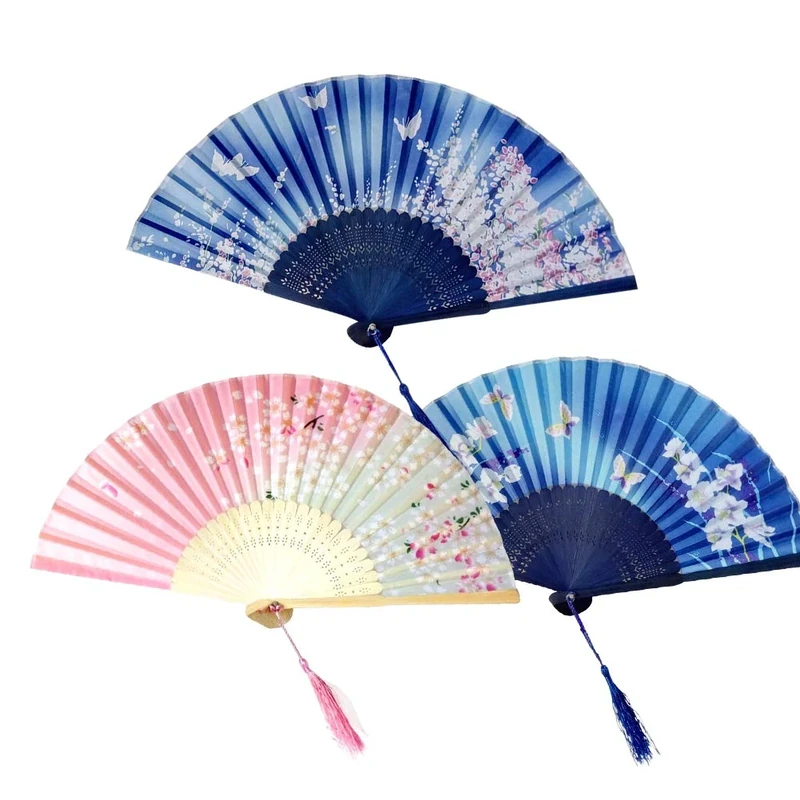 BEHAHAI 3 Pack Bamboo Silk Fabric Folding Hand Fans with Tassel Wooden Chinese/Japanese Hand Fans for Women Wedding Party Decoration