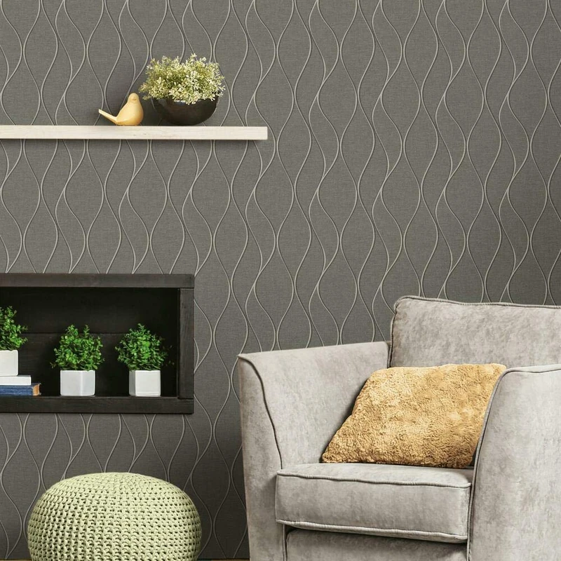 RoomMates RMK11294WP Gray and Metallic Silver Wave Ogee Peel and Stick Wallpaper
