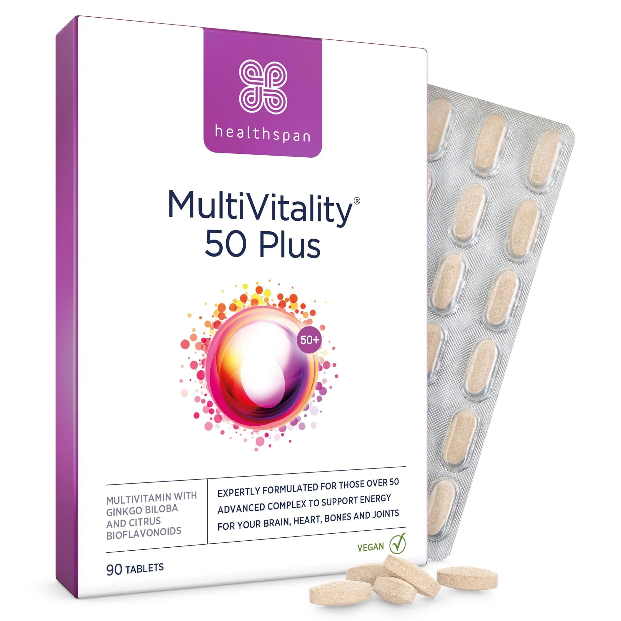 Healthspan Multivitamin 50 Plus | Advance Multivitamin for over-50's | Immune Health Support | 13 Vitamins & 12 Minerals | Ginkgo Biloba & Citrus Bioflavonoids | Vegetarian (90 Tablets)