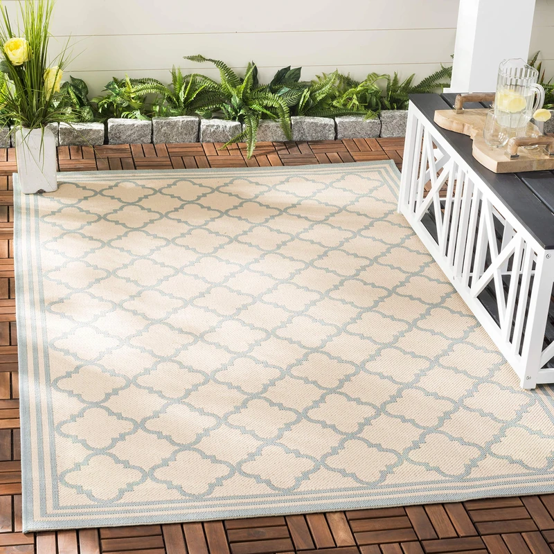 Safavieh Trellis Indoor/Outdoor Woven Rectangle Area Rug, Beachhouse Collection, BHS121, in Cream / Aqua, 91 X 152 cm for Garden, Patio or Any Outdoor Space