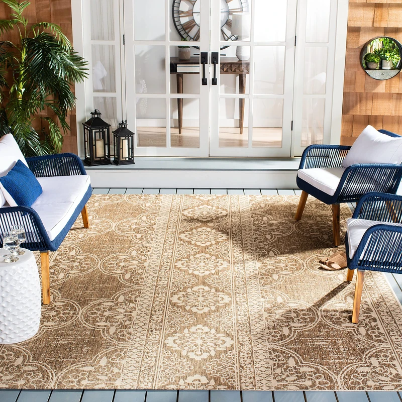 SAFAVIEH Transitional Rug for Indoor & Outdoor - Beachhouse Collection, Short Pile, in Cream and Beige color, 201 X 201 cm