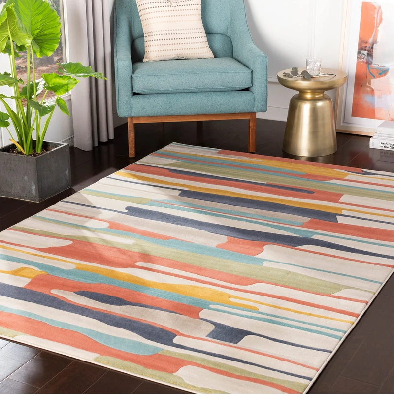 Livabliss Atlanta Geometric Rug – Scandi Area Rug for Living Room, Dining & Kitchen, 160x220 cm, Neutral Abstract Pattern, Easy-Care Pile, Large Boho Rug in Orange, Blue and Beige