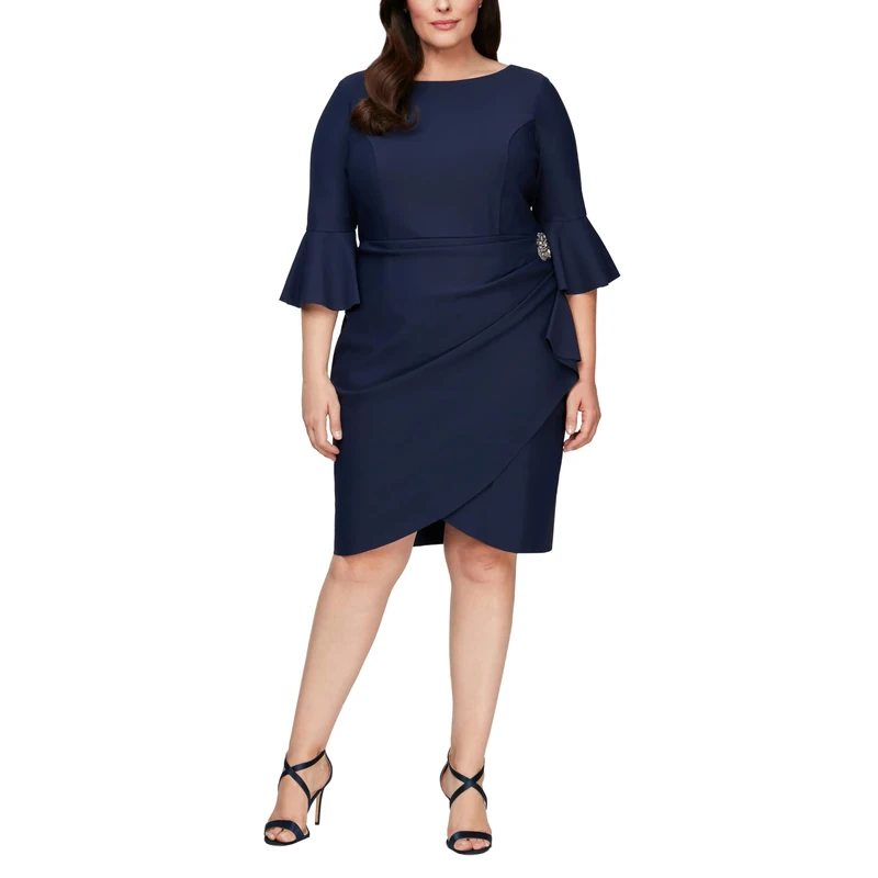 Alex Evenings Women's Slimming Short Sheath 3/4 Sleeve Cocktail Dress, Wedding Guest (Petite and Regular Sizes), Navy, 16