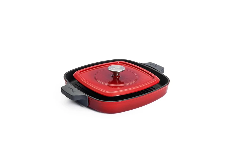 Woll Iron Square Grill Pan with Grooves, Includes Steak Press and Silicone Handles, Inductive, 28 x 28 cm, 4.5 cm High, Suitable for All Cookers, Cast Iron, Oven-Safe up to 250°, Red