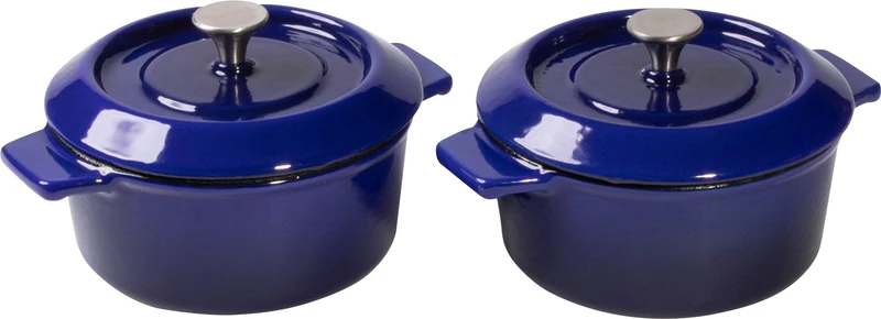 Woll Iron Mini Casserole Dish with Lid Set of 2 - Inductive, Diameter 10 cm, Height 5 cm, 0.3 L, Suitable for All Cookers, Cast Iron, Oven-Safe up to 250°, Without Silicone Handles, Blue