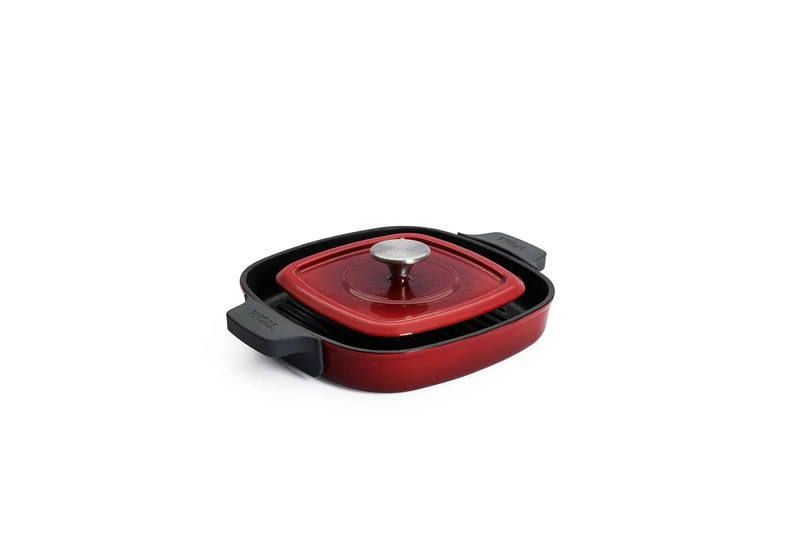 Woll Iron Square Grill Pan with Grooves, Includes Steak Press and Silicone Handles, Inductive, 24 x 24 cm, 4.5 cm High, Suitable for All Cookers, Cast Iron, Oven-Safe up to 250°, Red