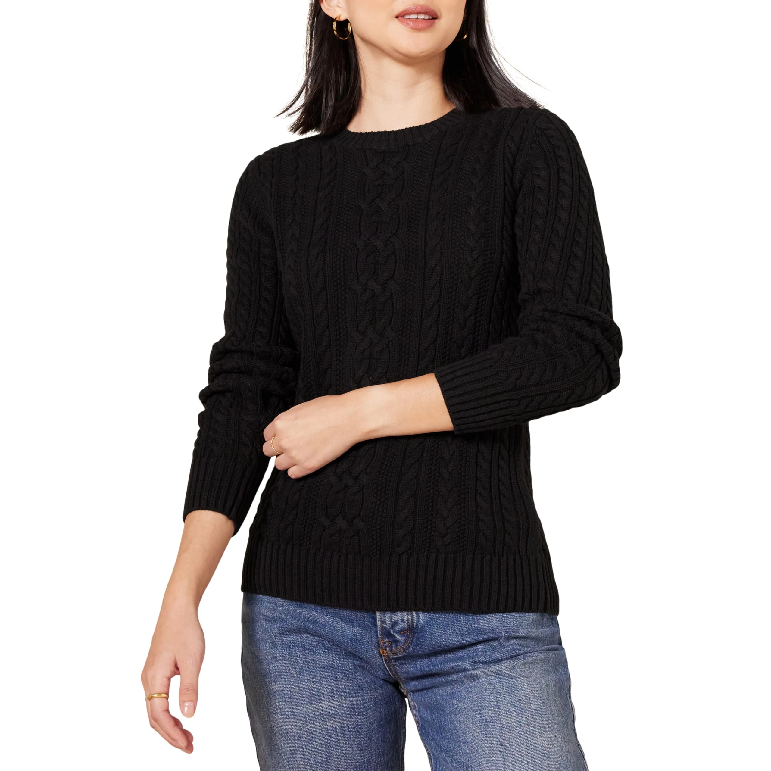 Amazon Essentials Women's Soft Fisherman Cable Long-Sleeve Crewneck Jumper (Available in Plus Size), Black, M