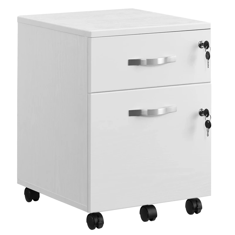 VASAGLE Lockable File Cabinet, Filing Pedestal with 2 Drawers, 5 Wheels, and Adjustable Hanging Rails, Textured Surface, for A4 and Letter Sized Papers, Home Office, White LCD22WV1
