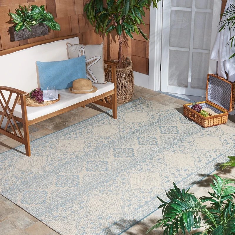 SAFAVIEH Transitional Rug for Indoor & Outdoor - Beachhouse Collection, Short Pile, in Aqua and Cream color, 122 X 183 cm