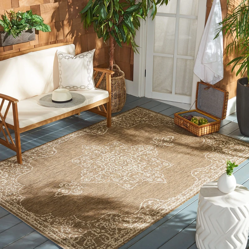 SAFAVIEH Medallion Rug for Indoor & Outdoor - Beachhouse Collection, Short Pile, in Cream and Beige color, 91 X 152 cm