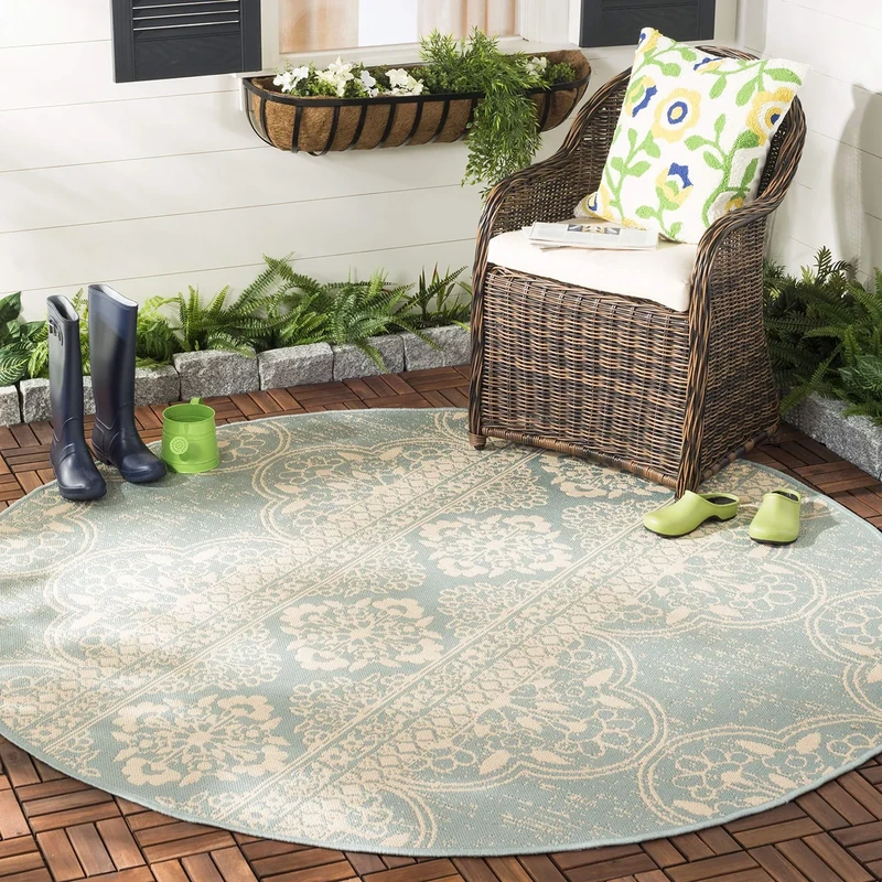 SAFAVIEH Transitional Rug for Indoor & Outdoor - Beachhouse Collection, Short Pile, in Cream and Aqua color, 201 X 201 cm