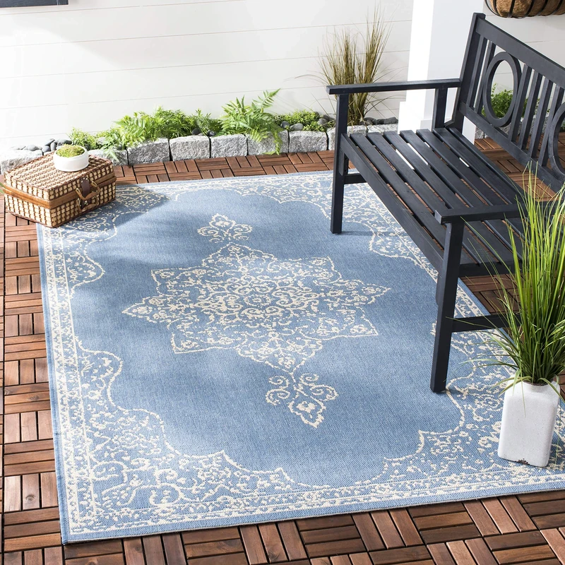 SAFAVIEH Medallion Rug for Indoor & Outdoor - Beachhouse Collection, Short Pile, in Cream and Blue color, 91 X 152 cm