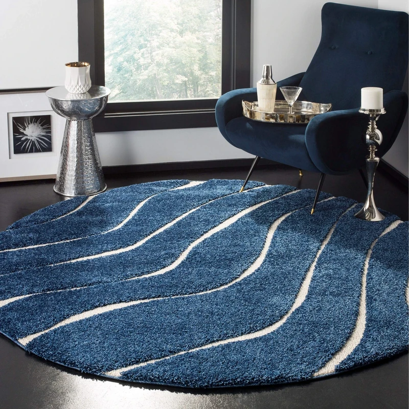 Safavieh Shag Rug for Living Room, Dining Room, Bedroom - Florida Shag Collection, High Pile, in Dark Blue and Cream, 152 X 152 cm