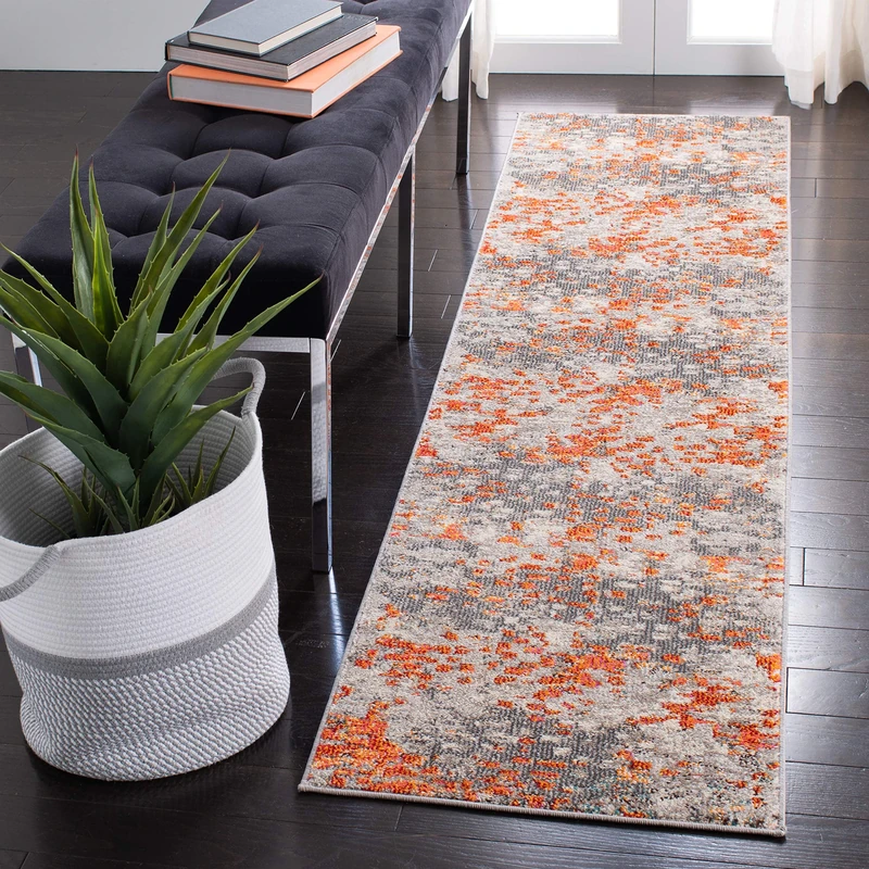 SAFAVIEH Boho Rug for Living Room, Dining Room, Bedroom - Madison Collection, Short Pile, in Grey and Orange, 66 X 244 cm