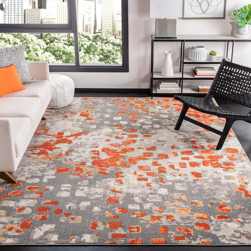 Safavieh Modern Chic Rug for Living Room, Dining Room, Bedroom - Madison Collection, Short Pile, in Grey and Orange, 91 X 152 cm