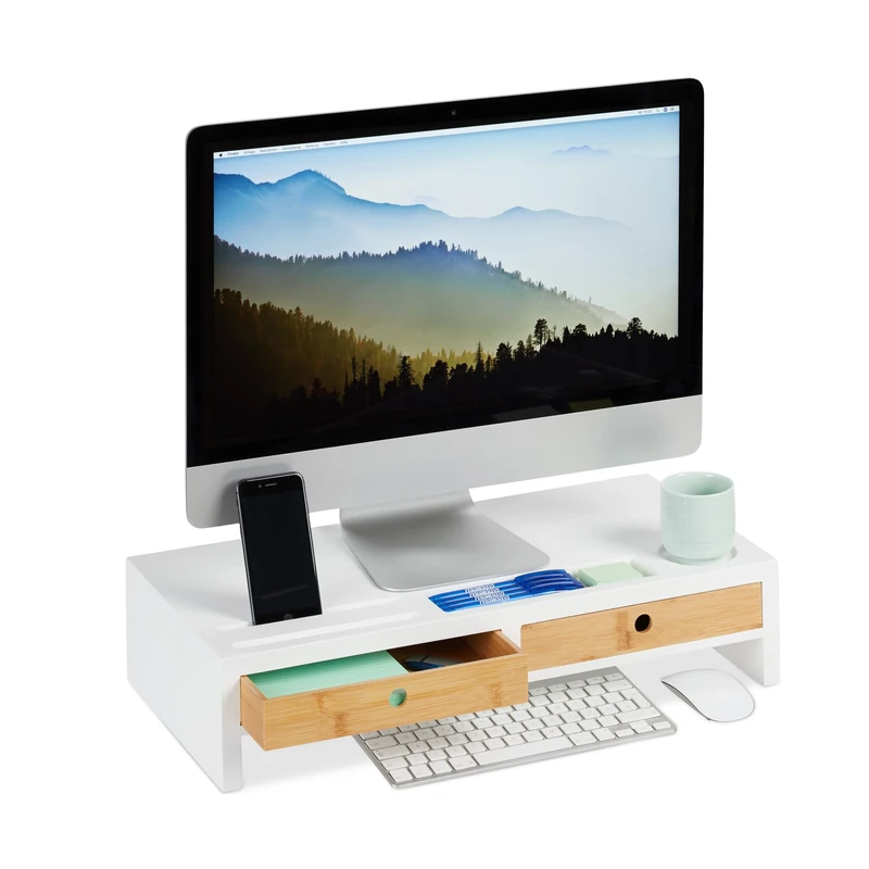 Relaxdays Display Stand, 2 Drawers, PC Screen Riser, Desk Mount, Bamboo & MDF, HWD: 12 x 55.5 x 27 cm, White/Natural