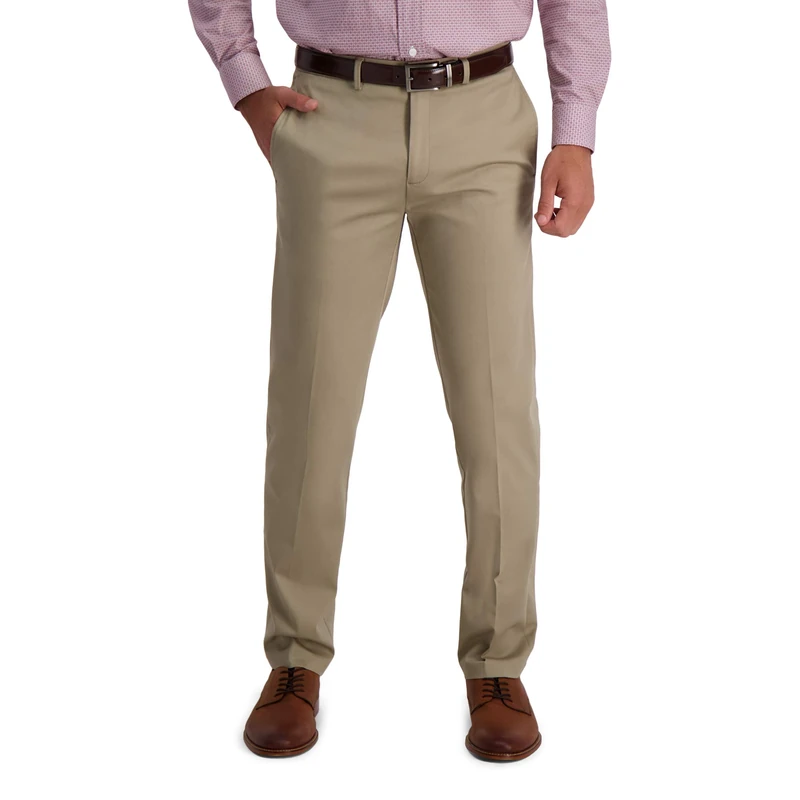 Haggar Men's Iron Free Premium Straight Fit Flat Front Flex Waist Casual Pant, Medium Khaki, 42W x 30L