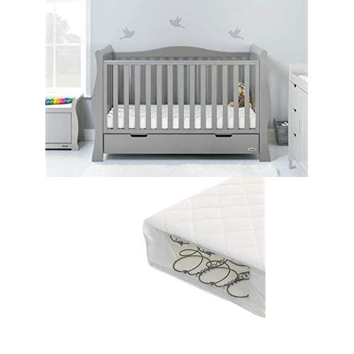 Obaby Stamford Sleigh Luxe Cot Bed and Sprung Mattress - Warm Grey