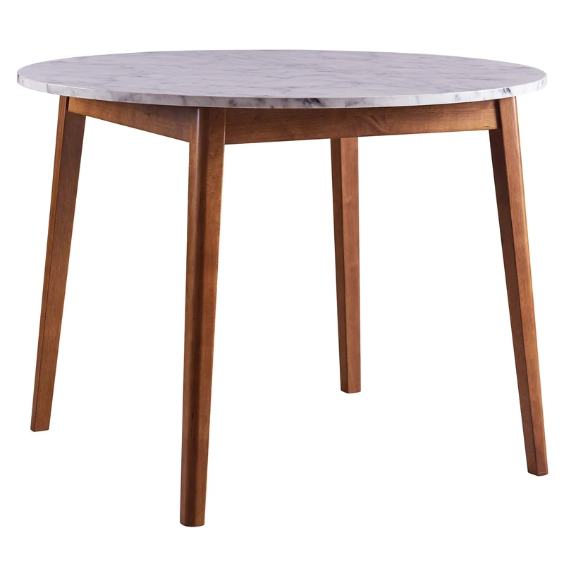 VERSANORA Round Dining Table Faux Marble Top Walnut Legs Ashton Teamson Home VNF-00080